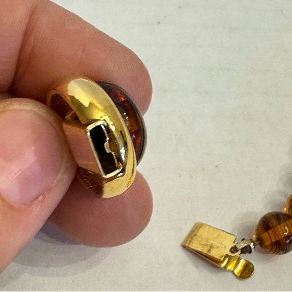 Faux Tortoise Shell Amber Vintage Glass Beaded Necklace Large Box Cabochon Clasp - Picture 13 of 16